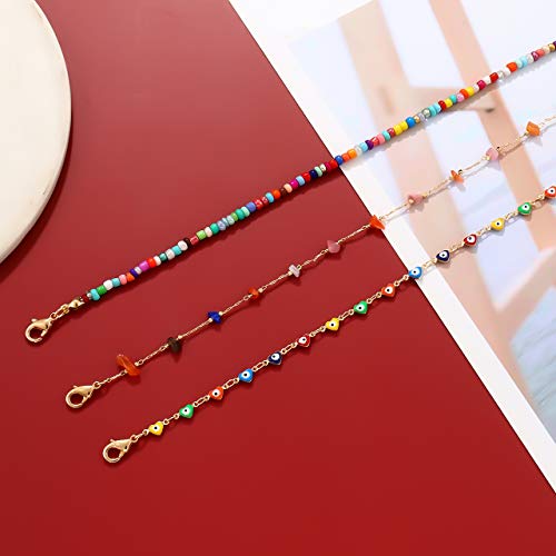 Image of Boho Beaded Ankle Bracelet Beach 18 K Gold Plated Anklet Bracelets Handmade Colorful Seed Beads Butterfly Evil Eye Heart Link Chain Anklet Pack Cute Summer Foot Jewelry for Women