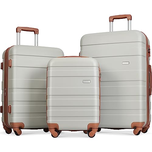 Luggage Sets New Model Expandable ABS Hardshell 3pcs Clearance Luggage Hardside Lightweight Durable Suitcase sets Spinner Wheels Suitcase with TSA Lock 20''24''28''(Light Grey and Brown)