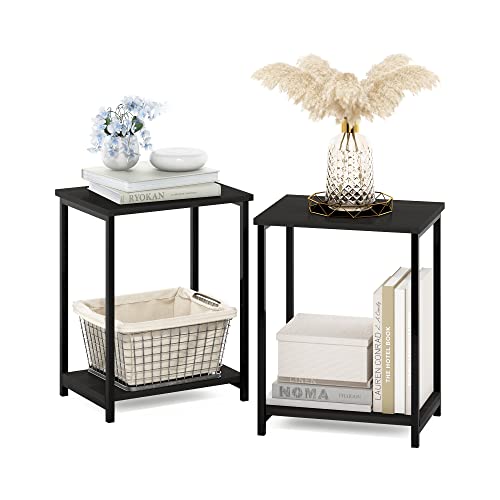 Image of Furinno SIMPLISTIC Side Table Set of 2, 2-Tier Modern Metal Frame End Table with Open Shelf, Night Stand, Bedside Table, Easy Assembly, for Living Room, Bedroom, Espresso