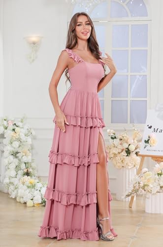 Verngo Chiffon Long Bridesmaid Dresses for Women Tiered Ruffle A Line Formal Wedding Guest Dress with Pockets3