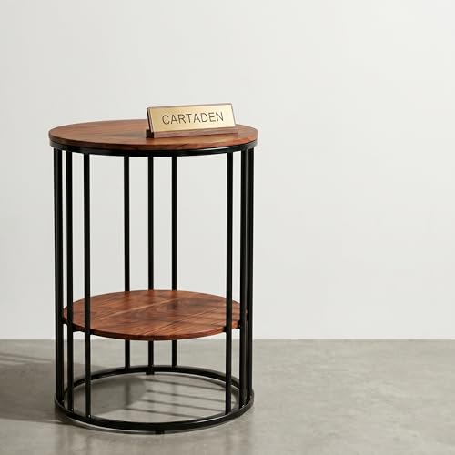 Image of CARTADEN Side Table, Small Round End Table with Lower Shelf, Nightstand for Small Spaces, Bedside Coffee Table for Living Room, Bedroom Black Brown