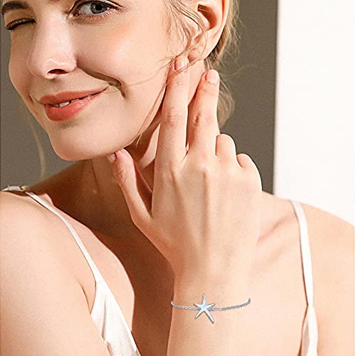 Image of Cuoka Starfish Bracelet 925 Sterling Silver with White Fire Opal Chain Bracelets Ocean Jewelry Birthday For Women