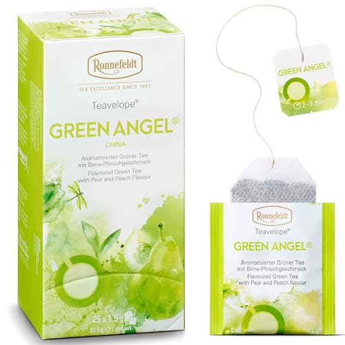Ronnefeldt Teavelope Green Angel - Green Tea Bags Individually Wrapped, 25 Count - Natural Flavored Green Tea with Pear and Peach Flavor - Hot or Iced