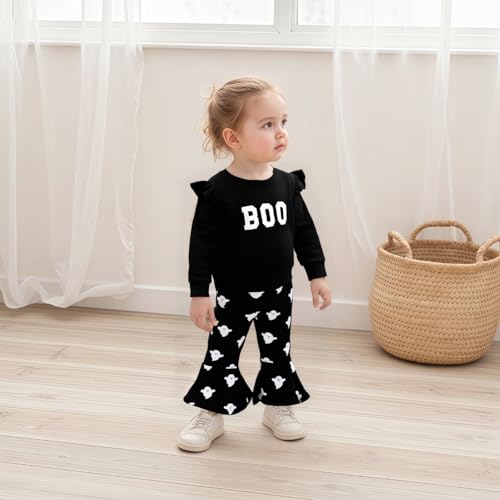 Toddler Baby Girl Halloween Clothes 2 Piece Bell Bottom Outfit Long Sleeve Ghost Pumpkin Sweatshirt Flare Pants Set3