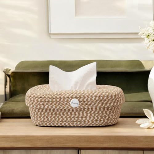 Image of BOBBINY Jute Cotton Tissue Box Holder, Handcrafted Tissue Container for 100 Pulls Natural Tissue Holder for Office Living Bedroom Car Desk Dining Table Home Decor (Brown Mix) (Design 3)