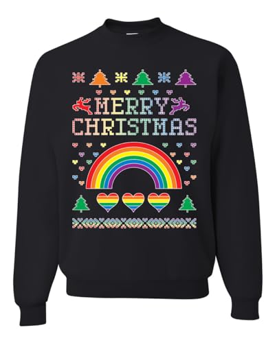 Wild Bobby Merry Christmas Rainbow Hearts Ugly Christmas Sweater Unisex Crewneck Sweatshirt, Black, 5X-Large