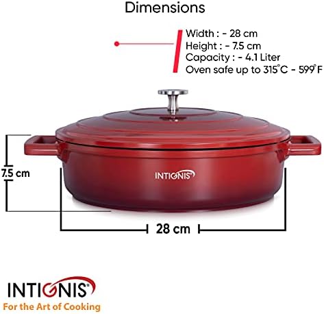 Non-Stick Shallow Casserole Dishes with Lids Oven Proof -28cm -4.1L Cast Aluminium Oven Dish, Stainless Steel Base, Dishwasher Safe - Induction - Lighter Than cast Iron Casserole Dish with lid (Red)