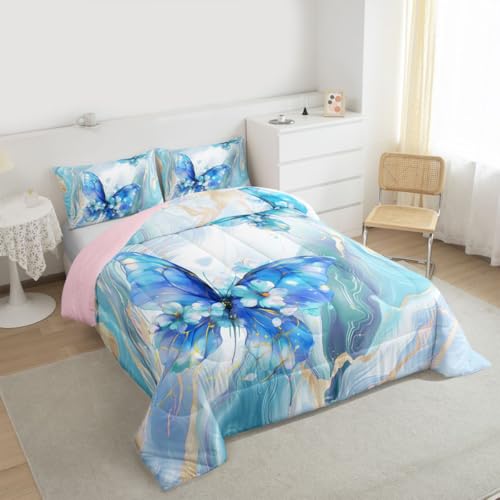 Image of Erosebridal Floral Marble Butterfly Comforter King Size for Kids Teens Adults,Blue Tie Dye Bedding Set,Elegant Marble Texture Duvet Insert,Modern Aesthetic Quilt Bedroom Decor