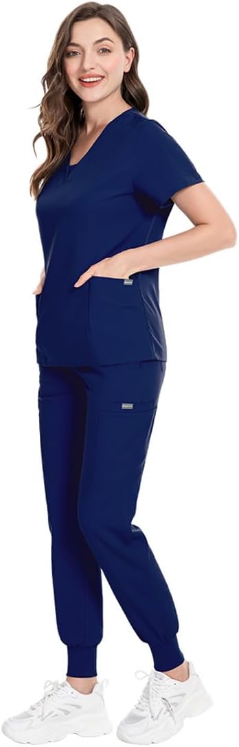 Meichoon Scrubs for Women Set Medical Clothing V-Neck Top with 3 Pockets Stretch Yoga Jogger Pants Sweat Wicking DK08