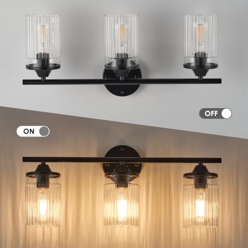 Image of Jonsi Black Bathroom Light Fixtures 3-Light Vanity Lights Modern Wall Sconce with Clear Glass Shade Bathroom Light Fixture Over Mirror for Bedroom Hallway Kitchen