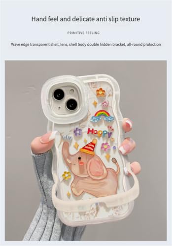 Image of COVERLY 3D Cute Creative Baby Elephant Cartoon Rainbow Star Floral Decor Wave Curly Edge Invisible Double Phone Stand Holder Hard Happy Dance Cover Girly Charm Case for Apple iPhone 17 (White Color)