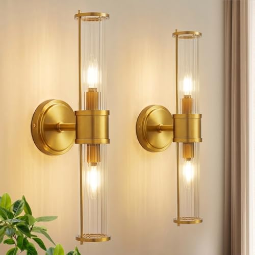 Image of Brushed Gold Wall Sconces Set of 2, Modern Bathroom Vanity Light Fixture with Clear Glass Shades, Hardwired Brass Wall Mounted Lamp for Over Mirror, Hallway, Bedroom (E12 Bulbs Not Included)