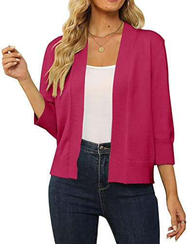 Image of Women's 3 /4 Sleeve Cropped Cardigan Sweater Open Front Short Shrugs Cardigans Lightweight Sweaters