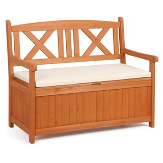 Panana 2-in-1 Wooden Garden Storage Bench, 2 Seater Patio Outdoor Bench with Cushion, Slatted Seat Loveseat Furniture for Porch, Balcony, Decking