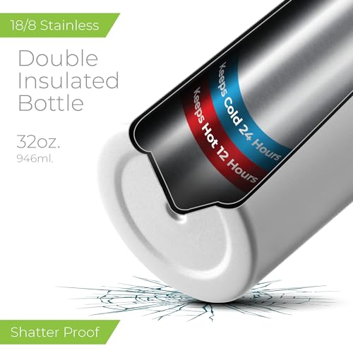 Image of SipX 32 oz Stainless Steel Insulated Water Bottle with Leakproof Lid & Carry Hook - Triple Insulated - Cold 24 Hours /Hot 12 Hours - Perfect for Gym, Work, Sports, Travel - White