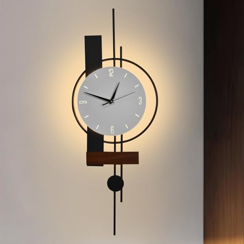 Image of Smartway Lerzo 6W LED Wall Lamp with Analog Clock | Modern Decorative Wall Light | 3 Color Modes | Wooden Accent Wall Clock Light for Bedroom, Living Room, Hallway & Bedside | 1-Year Warranty