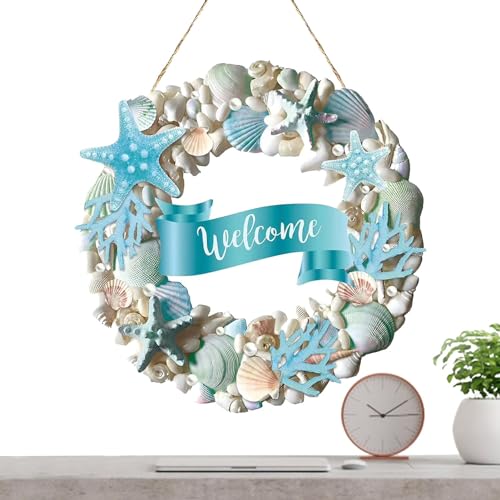 Cartello di benvenuto per la porta d'ingresso | Ghirlanda di benvenuto in legno sulla spiaggia costiera con stella marina, decorazione da appendere alla parete con conchiglia da 11,8 pollici per porti