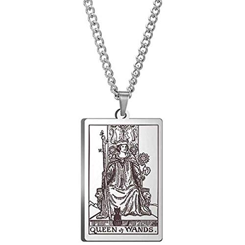 JUDE Retro Vintage Stainless Steel Tarot Card Rider Waite Pendant Necklace (Queen of Wands)
