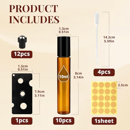 Redamancy 10 Stück Roll on Glasflaschen für Ätherisches Öl, 10ml Roll on Flasche Leer, Braune Rollon Flaschen, Ätherische Öle Roller Glasflaschen, für Öle, Duftstoff, Kosmetika, Massage