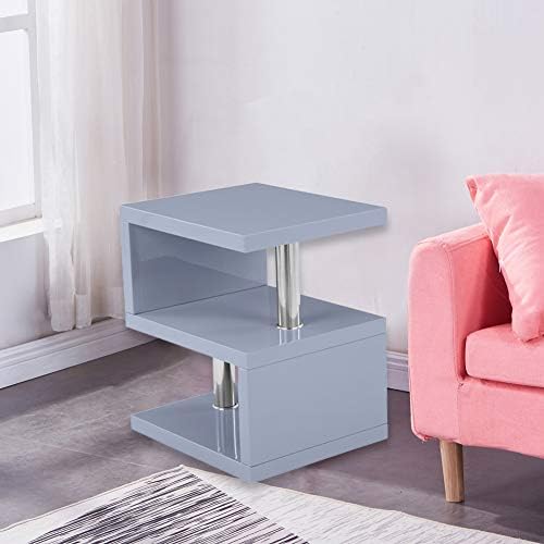 GOLDFAN Side Table Small Coffee Table S-Shape High Gloss End Table 2 Tier Storage Shelves Unit for Living Room Bedroom,Grey