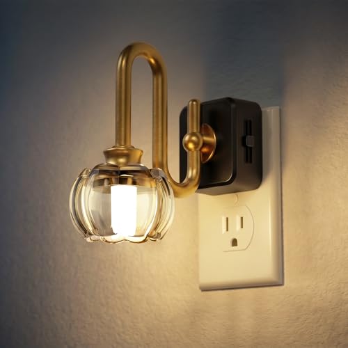 Image of JandCase Night Light, Night Lights Plug into Wall, Glass LED Nightlight | 0-100LM Dimmable Flower Nightlights, Dusk to Dawn Sensor, 1W Vintage Pumpkin Nite Light for Bathroom Hallway Decor, 1 Pack