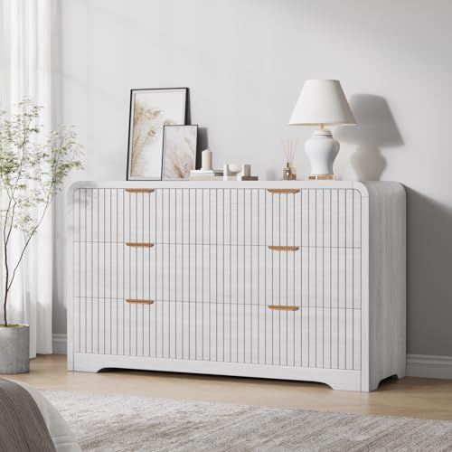 Jocoevol Modern 6 Drawer Dresser for Bedroom, 47" Wide Wood Dressers & Chests of Drawers Curved Profile Design, Mid Century Modern Fluted Dresser for Bedroom, White