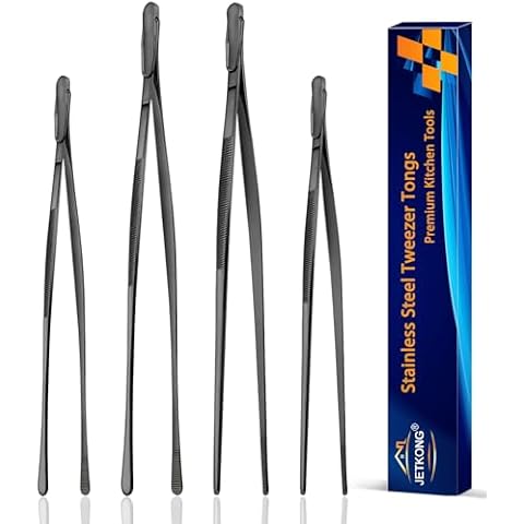 JETKONG 4 Pcs Kitchen Tweezers, 12'' and 10'' Stainless Steel Cooking Tweezers Set, High-Precision Tweezers Tongs for Cooking, Repairing, Seafood and BBQ (Black) Cover