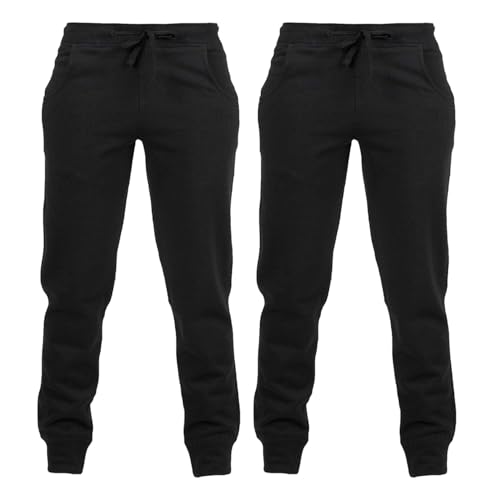 Joggers for Boys & Girls – Jogging Bottoms with Drawstring & Cuffed Ankle, PE & School Trousers for Kids – Comfortable & Breathable Unisex Sweatpants, Tracksuit Bottoms – Black, 2 Pack(13-14 Yrs)