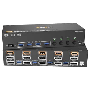 HDMI DisplayPort KVM Switch for 3 Monitors and 4 Computers, 8K@60Hz/4K@144Hz, with USB 3.0 Ports, Remote, Power Adapter, and Cables