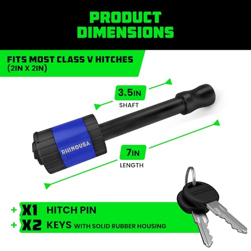 Image of Rhino USA 2 inch Trailer Hitch Pin - Patented Locking Receiver Pin for Class III /IV Hitches - Weatherproof, Anti-Theft, Debris-Protected - Tow Truck Ready - Blue 1PK