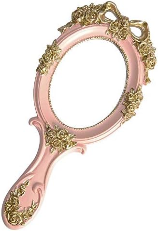 NETNETMALL Vintage Mirror With Handheld, Makeup Mirror, Vanity Mirror, Crafted Rose, Solid Resin, Hand Spray Gold, Unique Spray, Princess Beauty, Lolita, Classic Rose, Hand Held, Victoria (Pink)