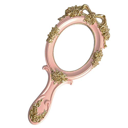 Netnetmall Vintage Mirror With Handheld, Makeup Mirror, Vanity Mirror, Crafted Rose, Solid Resin, Hand Spray Gold, Unique Spray, Princess Beauty, Lolita, Classic Rose, Hand Held, Victoria (Pink) #TOP3