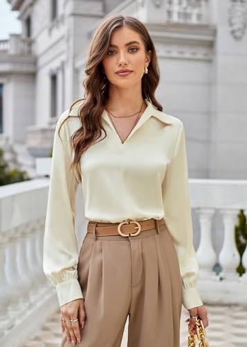 GRACE KARIN Business Casual Tops for Women Satin Silk Blouse Collared V Neck Long Sleeve Work Shirts Dressy Tops Fall Clothes2