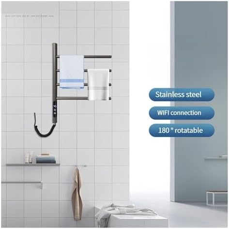 WiFi Electric Towel Rack 180° Rotating Towel Warmers Punch-Free Stainless Steel Heating Dryer Rack Bathroom Accessories (Black Standard 4rods)