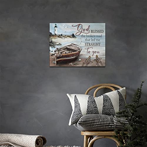 Coastal Nautical Bathroom Wall Art Sea Turtle Boat Wall Decor Beach Lighthouse Seagull Pictures Canvas Prints Framed Modern God Blessed Painting Artwork For Bedroom Kitchen Living Room Office 16"X12" #TOP1