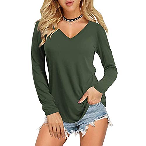 Womens Casual Tops Tee Comfort Loose Basic T-shirt Long Sleeve V Neck Cotton Blouses T Shirts Solid Color Tunic Pullover