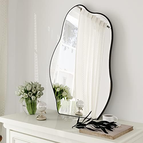 HARRITPURE Irregular Bathroom Mirror 20"x28" Black Modern Wall Mirror Wood Framed Asymmetrical Decorative Mirrors for Bedroom Living Room Entryway