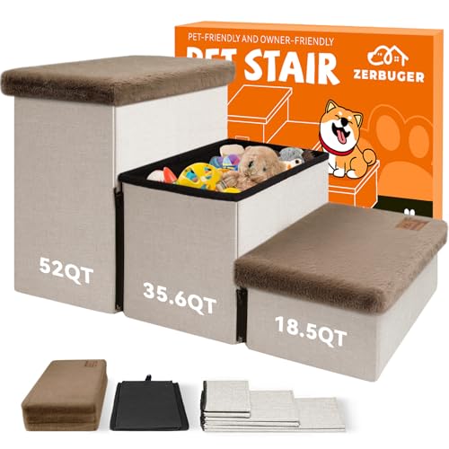 Image of Zerbuger Dog Stairs with Furry Lids 18 inch H, 3-Step Wider Dog Steps with Storage for Small /Medium /Large Old Dogs Cats, Folding Sturdy Pet Stairs Climbing Bed Couch, Ramp for Car Up to 200 lbs, Khaki
