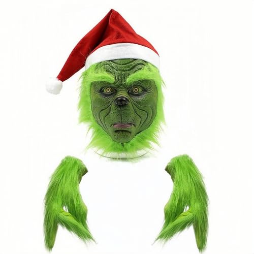 DEPHIE Christmas Grinch mask Grinch Decorations Christmas Mask and Gloves With Red Hat Anime Cosplay Grinch Costume for Halloween Xmas Funny Carnival Party Full Face Latex Helmet Costume Props