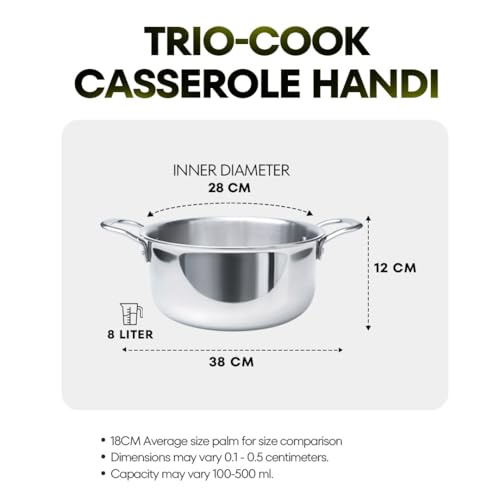 Image of Trio-Cook Triply Stainless Steel Saucepot | Casserole | Biryani Handi with Lid (28cm | 8Liter)