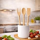 Topolenashop Set Utensili da Cucina in Legno Naturale – 3 Mestoli Antigraffio da 31 cm (Spatola, Cucchiaio, Forchettone) – Accessori per Pentole Antiaderenti, Eco e Resistenti 202305