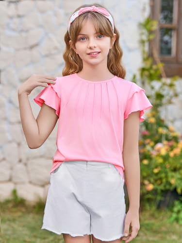 Image of Haloumoning Girls Pleated Ruffle Short Sleeve Shirts Kids Summer Crewneck T-Shirts Fashion Tops Tees 5-14 Years