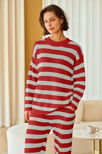 Image of SENSERISE Womens Striped Set Sweater Lounge Sets | Pajamas Set, Loungewear Set, Oversized Knit Sweater, Wide Leg Pants with Pockets, Fall Outfits, Pants Set