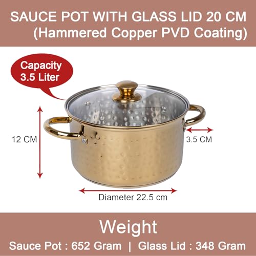 Image of Zaib TOPSYTURVY Stainless Steel Hammered Gold PVD Coated Saucepot with Glass Lid 20 CM | Multipurpose Cooking Pot for Gas & Induction | Even Heat Distribution