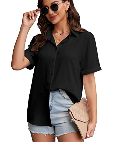 Women's Button Down Shirt Short Sleeve Collared Tops Work Office Chiffon Blouse