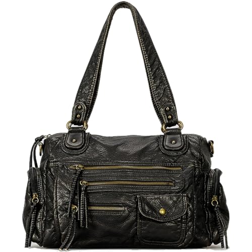 Rivet Crossbody Bag for Women,Large Retro Satchel Washed Leather Handbag Purse,Vintage Summer Hobo Shoulder Work Bag