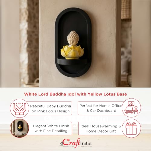 Image of eCraftIndia White Lord Buddha Idol in Yellow Lotus Base | Baby Buddha Statue for Car Dashboard Office Home Decor | Gift for Diwali Housewarming Birthday