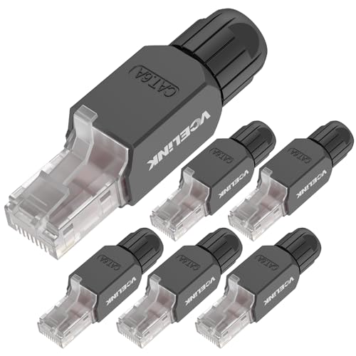 VCELINK Tool-Free RJ45 Connectors Toolless Cat6A Modular Plug Gold Plated Cat6A Ethernet Cable Ends for 23-26 AWG Network Cable 6 Pack Black