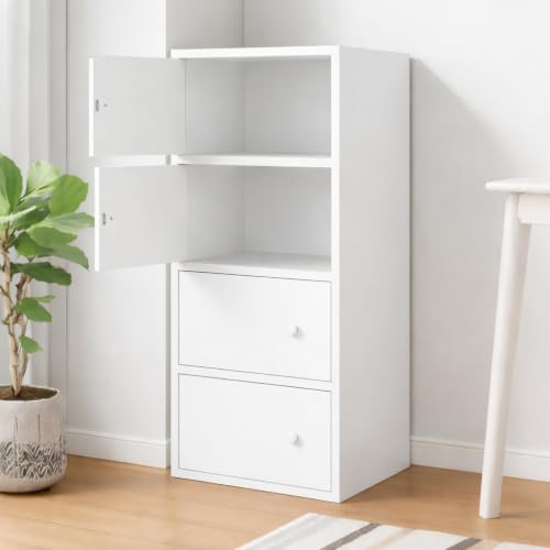 Image of 4-Door Morden Wooden Collapsible Wardrobe for Storage /Space Saving Wooden Wardrobe with Doors /Collpsible Storage Organiser /Living Room - (White, 4 Layer)