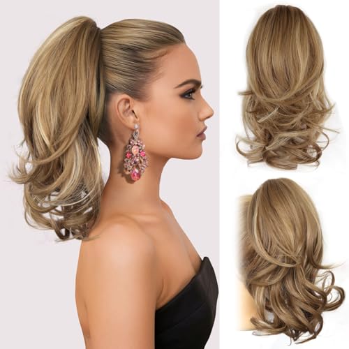 14 Inch Ponytail Extension - Wavy Pony Tails Hair Extensions, Claw Clip Ponytail Extension, Synthetic Hair Extensions Ponytail, Clip on Ponytails for Women (Light Brown With Beige Highlights)